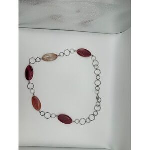 Chico's Silver Tone Agate Stone Long Link Necklace Burgundy Pink‎ Boho Statement